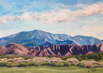 Acrylic painting of sage, red rock cliffs and snow capped mountain in Southern Utah. ©2022 Tina M.Welter