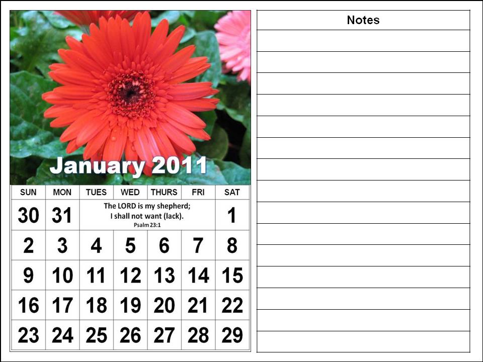 Free January 2011 Calendar with encouraging quotes and colorful flowers 