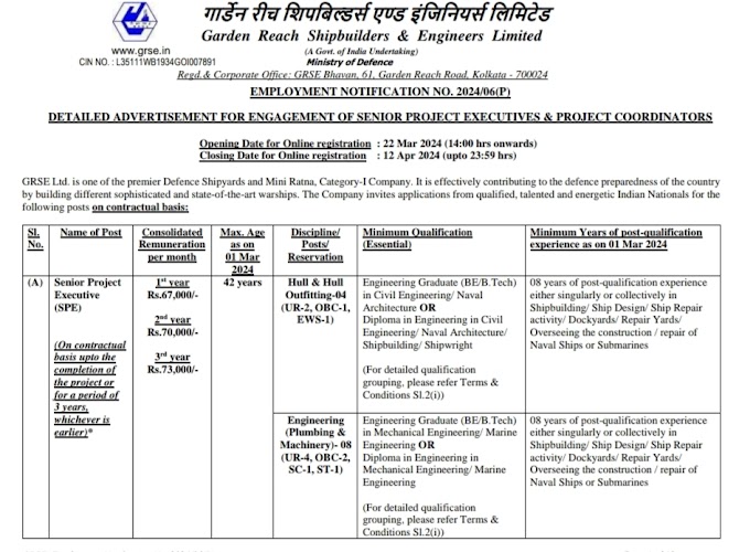 GRSE RECRUITMENT OUT FOR VARIOUS POSTS 