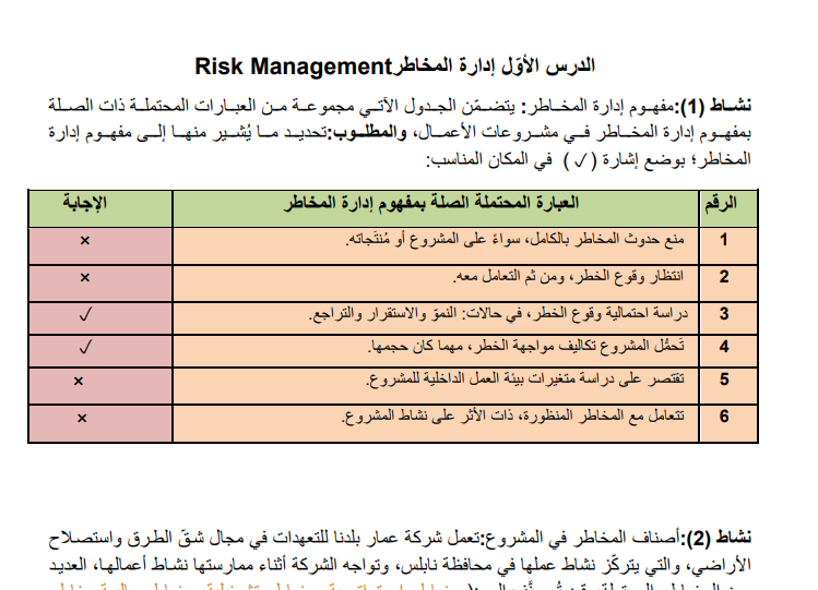 الإجابات النموذجية للوحدة الثالثة في مبحث المشاريع الصغيرة للصف الثاني عشر