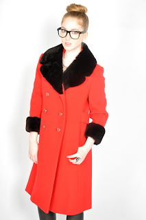 Vintage 1960's red wool princess coat with black beaver fur collar.