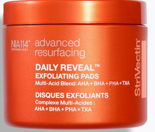 Jar of StriVectin Daily Reveal Exfoliating Pads, highlighting the textured pads designed for gentle skin exfoliation.