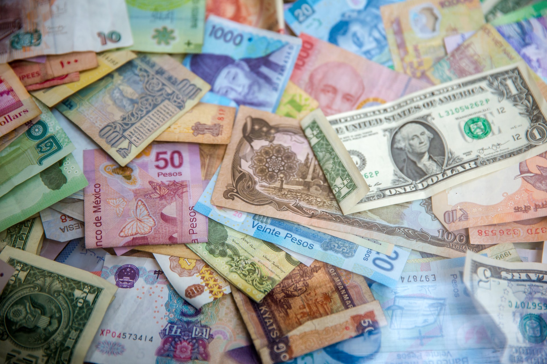 Money. Currency notes of various currencies and countries