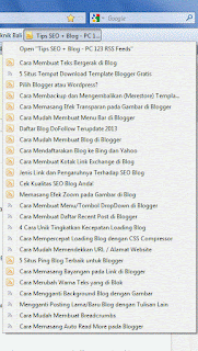 Contoh RSS Feed yang telah di-bookmark, dan jika diklik akan 'menjulurkan' menu berisikan artikel - artikel terbaru dari blog yang bersangkutan Contoh RSS Feed yang telah di-bookmark, dan jika diklik akan 'menjulurkan' menu berisikan artikel - artikel terbaru dari blog yang bersangkutan. (Gambar tidak terlihat? Klik kanan tulisan ini, lalu pilih 'Reload Image')
