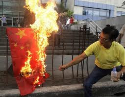 A protester burns a Chinese flag