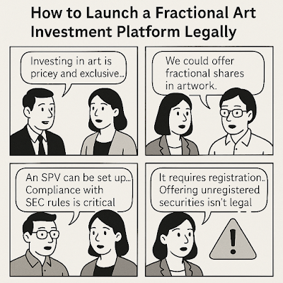 A four-panel comic titled "How to Launch a Fractional Art Investment Platform Legally." Panel 1: A man says, “Investing in art is pricey and exclusive...” Panel 2: A woman replies, “We could offer fractional shares in artwork.” Panel 3: Another man says, “An SPV can be set up... Compliance with SEC rules is critical.” Panel 4: A woman warns, “It requires registration... Offering unregistered securities isn’t legal,” with a warning icon beside her.