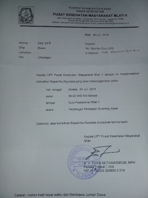 Contoh Surat Undangan Acara Persiapan Screning untuk Sekolah / Madrasah dari Puskesmas