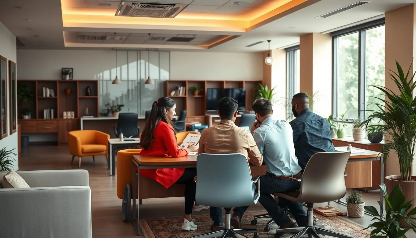 "Meghna Life Insurance Company, a serene office environment filled with natural light, modern furniture, professionals discussing financial charts, warm colors, showcasing trust and security, subtle hints of life insurance concepts like family protection and future planning, inspired atmosphere of collaboration and support"