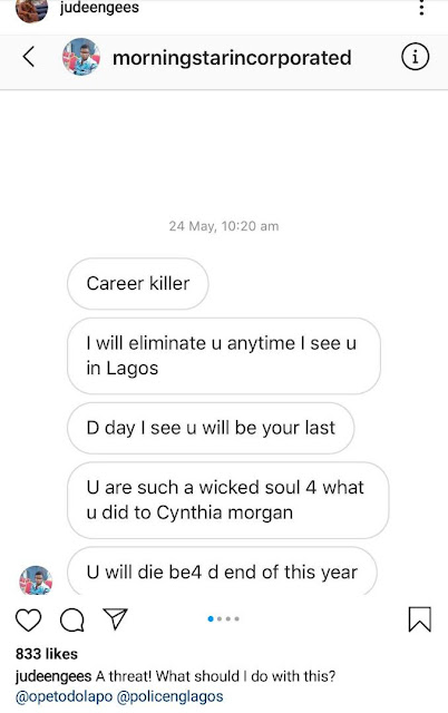 Jude Okoye reveals death threat he received over Cynthia Morgan