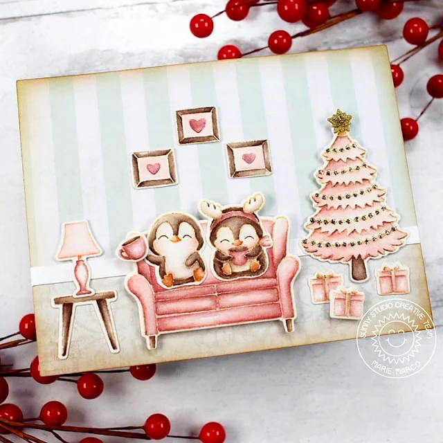 Sunny Studio Stamps: Cozy Christmas Holiday Card by Marie Marco (featuring Penguin Party)