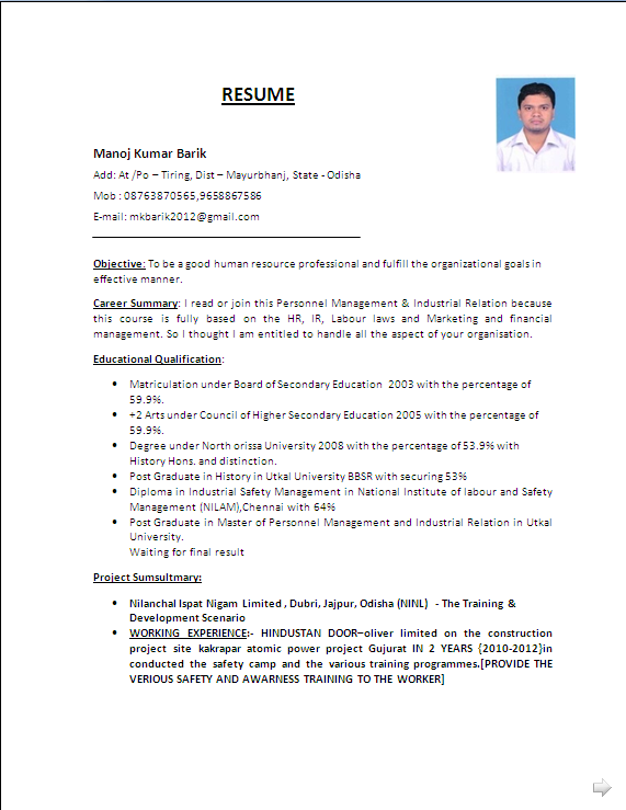 RESUME SAMPLE: Post Graduate in Master of Personnel 