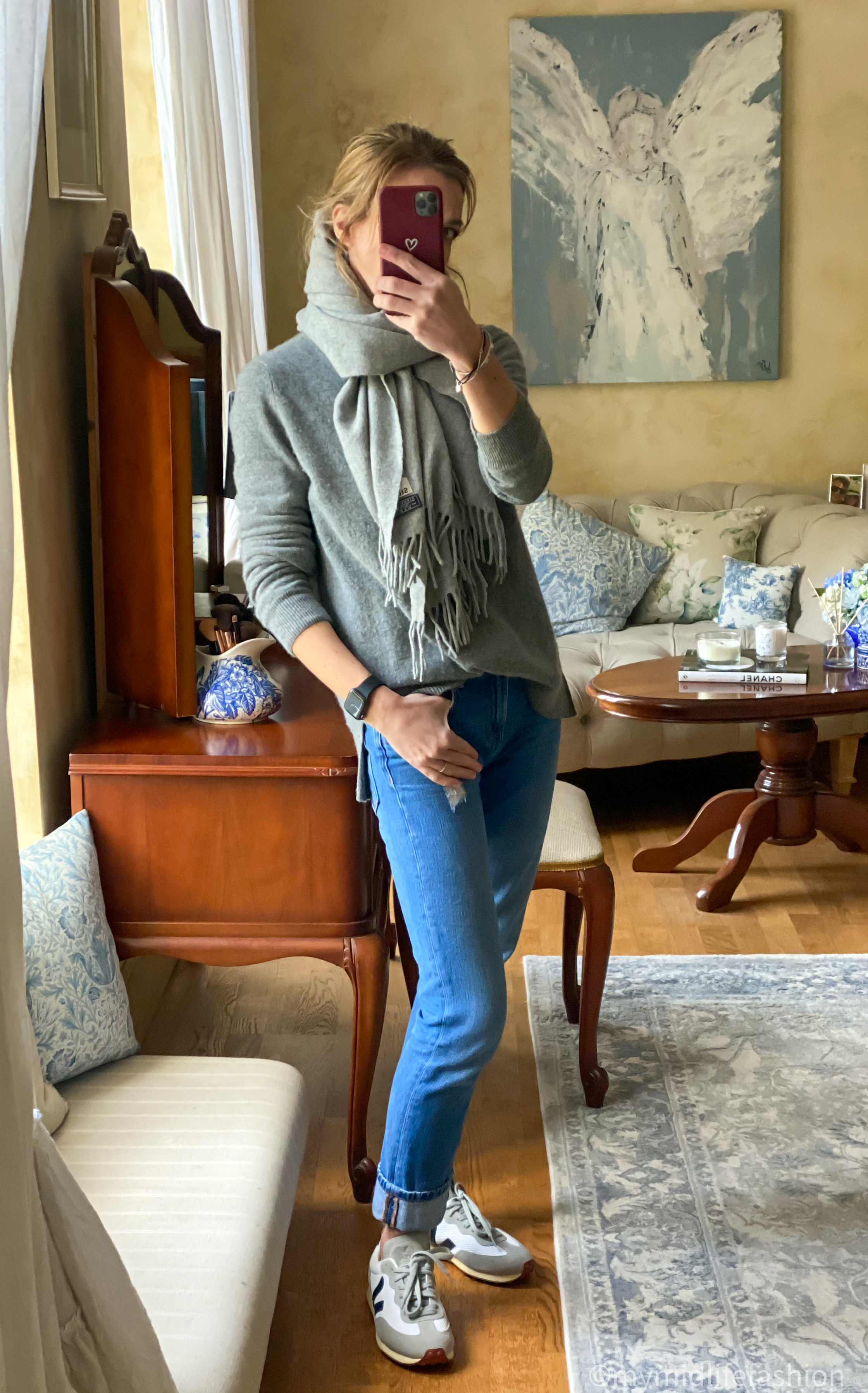 my midlife fashion, acne studios Canada scarf, Zara cashmere crew neck jumper, no44 boyfriend jean, veja trainers