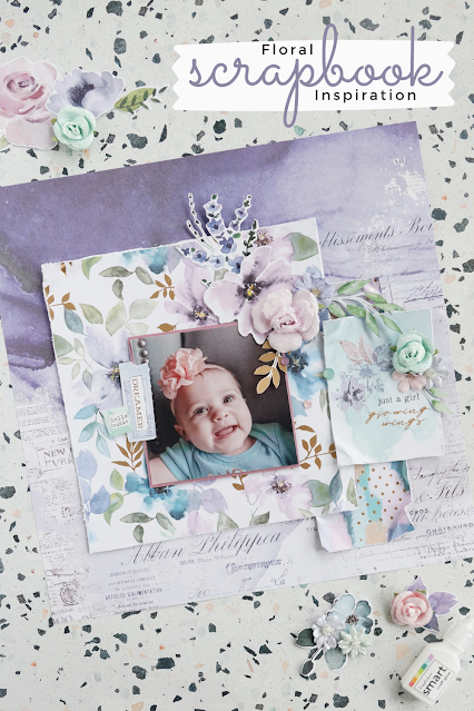Layout made with Prima Marketing Watercolor Floral collection (stickers, ephemera, paper flowers)