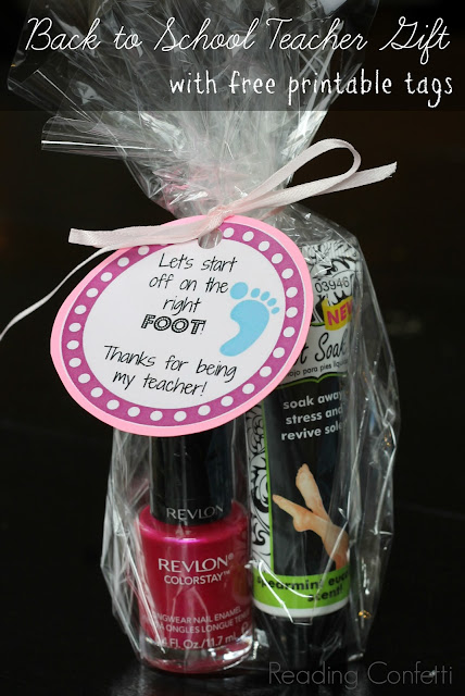 Nail polish and foot lotion make a great back to school gift for teachers when paired with a cute printable tag.