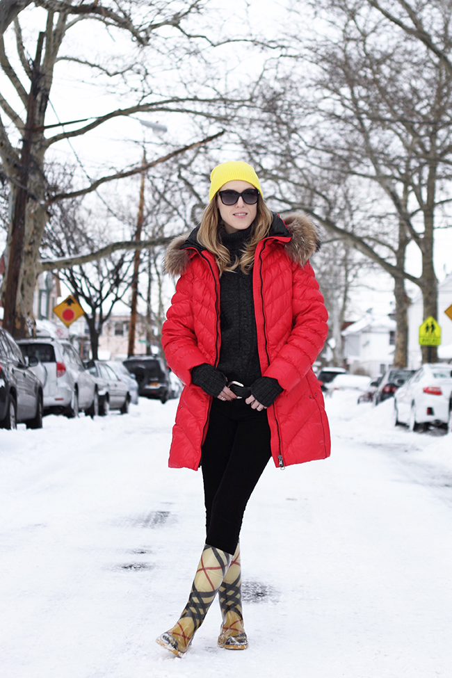 An idea about how to wear bright colors in winter: “Winter Brights” by Victoria of “The Wind of Inspiration”: wearing yellow beanie + red down coat + black skinny cords + yellow rain boots #twoistyle #style #fashion #personalstyle #fashionblog #ootd #outfit #outfitoftheday