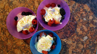Yogurt with Fresh Fruit, Honey and Sprinkles
