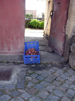 caixa de batatas no portão de uma casa
