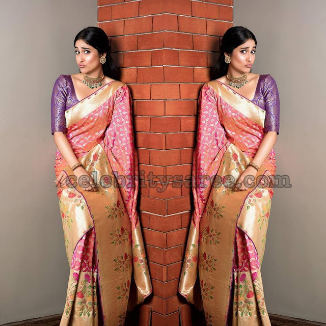 Regina in Baby Pink Benaras Saree