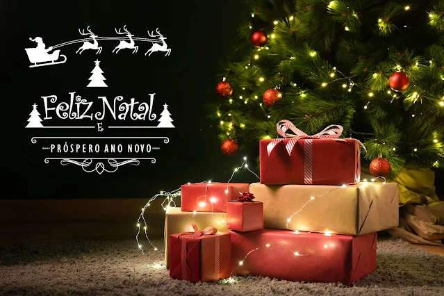 Feliz Natal E Próspero Ano Novo, Presentes, Árvore de Natal, Imagem com Mensagem de Natal