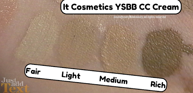 It Cosmetics, YSBB CC Cream; (Your Skin But Better Color Correcting Cream) SPF 50; Review & Swatches of Shades Fair, Light, Medium, Rich