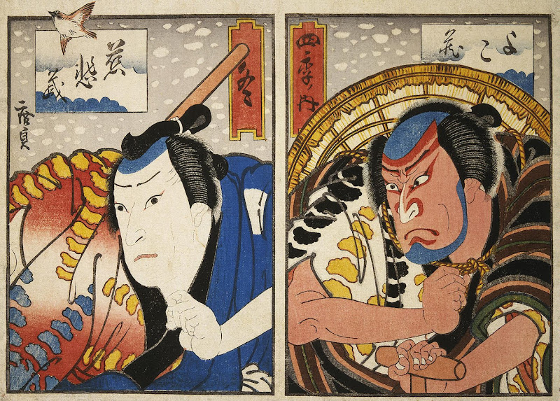 Sheet: Winter. Diptych: The Actors Nakamura Utaemon IV and Nakayama Nanshi III by Gosotei Hirosada - Theatre, History Art Prints from Hermitage Museum