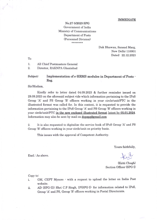 Implementation of e-HRMS modules in Department of Posts