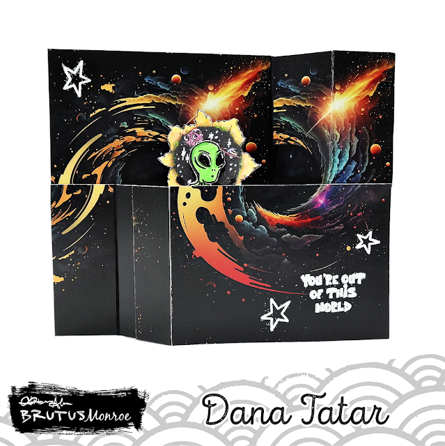 Out of this world pop-up alien card created with Brutus Monroe galaxy patterned paper, spaces stamps, & mediums on a Photo Play Paper Wiper Card Base.