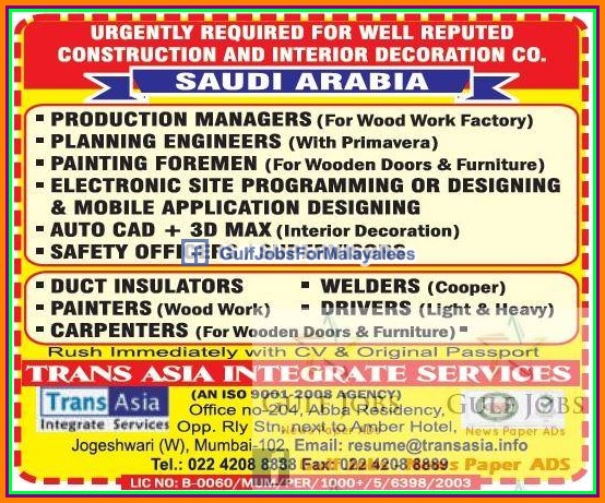 Reputed construction & interior decoration co Jobs for KSA