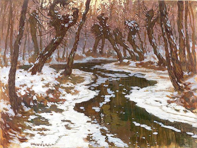 a Jaroslav Panuska painting of a forest stream in winter