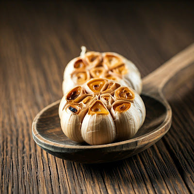 Roasted garlic bulbs on a wooden spoon, with a dark textured background.