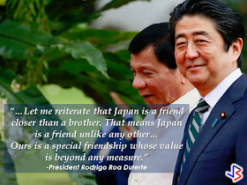  Being the first head of state to visit the Philippines this year and the first during President Rodrigo Duterte's term, Prime Minister Shinzo Abe said "I chose the Philippines as my first destination this year and that is testament to my primary emphasis on our bilateral relationship." Unlike the other head of states that visited the country, Prime Minister Shinzo Abe has been treated with utmost closeness, not only as a fellow leader but a special friend, President Rodrigo Duterte offered the simplicity of his humble residence in Davao instead of the elegance of Malacañang Palace. Shortly after the Japanese Prime Minister  has been welcomed by the Philippine President at the Malacañang, they immediately went to the President's hometown, Davao City. Abe’s day began with a visit to Duterte’s “simple home” for a breakfast of sticky rice cakes and mung bean soup, a presidential aide said, with the leaders dining at a wooden table before heading for a look around Duterte’s humble home. Christopher Bong Go also posted some photos showing the Prime Minister around President duterte's residence including his bedroom and the president's famous "kulambo" (mosquito net).     Japan Prime Minister Shinzo Abe at the house of President Rodrigo Duterte in Davao.       President Duterte and PM Shinzo Abe's closeness has been evident even during the ASEAN Summit and President Duterte's visit in Tokyo, Japan.                      Prime Minister Shinzo Abe having a taste of Durian.     Here is a video of Japanese Prime Minister Shinzo Abe during his visit to the Philippines as shared by the Prime Minister's official social media page. The caption reads: "Davao is the hometown of President Duterte, where he devoted nearly 40 years to its development. My wife and I were invited to visit his house for breakfast, and we spent a relaxing time together.  I found Davao to be a city in which friendly feelings towards Japan are especially strong. At the international school established to educate ethnic Japanese Filipinos, I was moved by the warm welcome from children singing "Chiisana Sekai"(It's a Small World) in Japanese. The Japanese language class I attended was taught by a teacher with a great sense of humor, and the students were having fun learning Japanese."            Aside from strengthening ties among two countries and elevating bilateral relationship, the two leaders has shown the true meaning of friendship.     ©2017 THOUGHTSKOTO