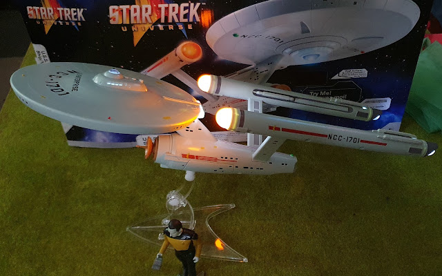 Bandai USS Enterprise in dark with lights glowing
