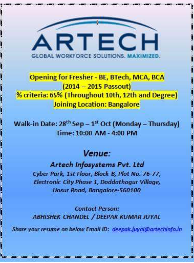 Freshers Opening Artech Info System Bangalore