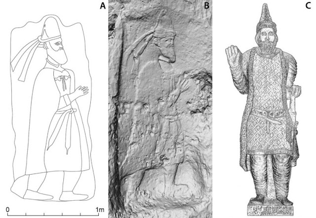 Στην φωτογραφία απεικονίζεται: (Α) το ανάγλυφο του βράχου Merquly, (Β) το ανάγλυφο του βράχου Rabana και (C) ένα άγαλμα του Βασιλιά Αττάλου της Αδιαβηνής. [Credit: αναπαραστάσεις από M. Brown; © Rabana-Merquly Archaeological Project; Antiquity Journal Ltd.)
