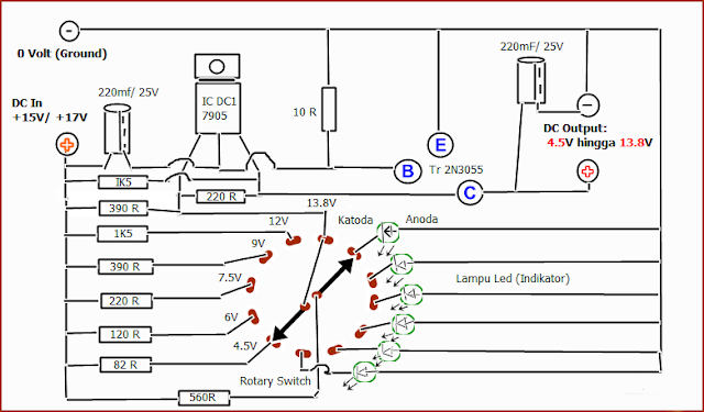 Gambar Skema Diagram Rangkaian Stabilizer DC 4.5V - 13.8V untuk Adaptor Rakitan