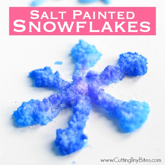 Salt Painted Snowflakes- fun winter process art activity for preschool, kindergarten, or elementary kids. Great for fine motor development, color theory, and science!