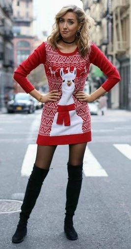 amazing christmas outfit idea : printed sweater dress _ over knee boots