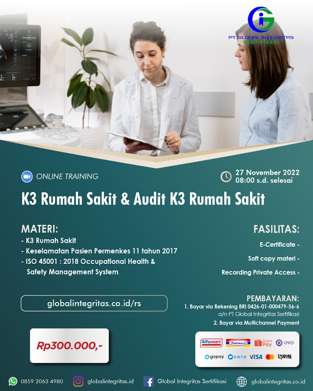 (E-certficate) Online Training "K3 Rumah Sakit & Audit K3 Rumah Sakit"