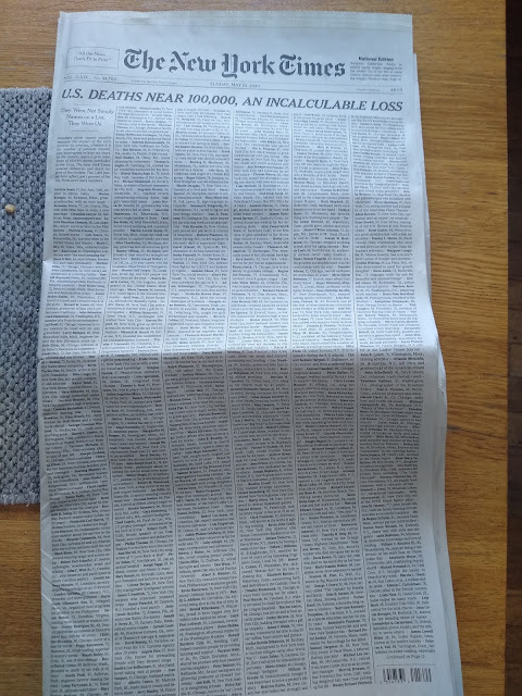 Photo of the front page of The NY Times, May 24, 2020, with headline "U.S. Deaths Near 100,000, An Incalculable Loss"