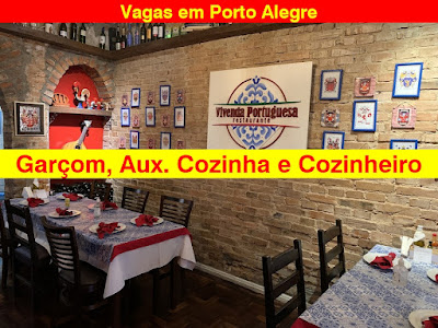 Restaurante abre vagas para Garçom, Auxiliar de Cozinha e Cozinheiro em Porto Alegre