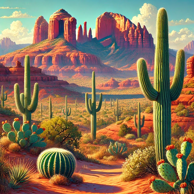 Paisaje vibrante del desierto de Arizona con icónicos cactus saguaro, formaciones rocosas rojas y un cielo azul despejado.