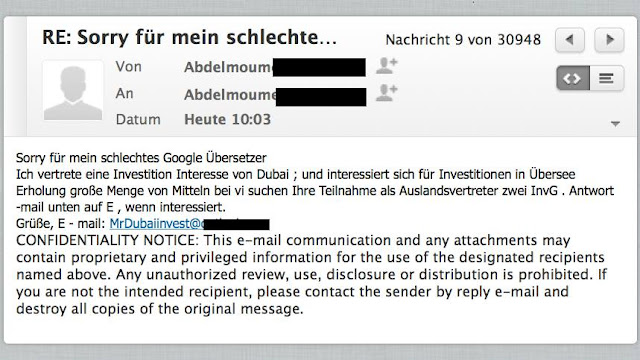 Ich vertrete eine Investition Interesse von Dubai ; und interessiert sich für Investitionen in Übersee  Erholung große Menge von Mitteln bei vi  suchen Ihre Teilnahme als Auslandsvertreter zwei InvG .  Antwort -mail unten auf E ,  wenn interessiert.