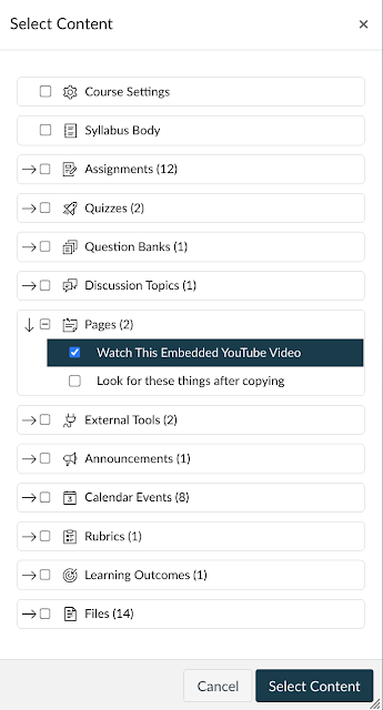 The content selection window with check boxes for content types