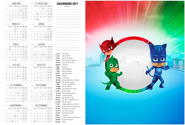 PJ Masks Free Printable Calendar 2017.