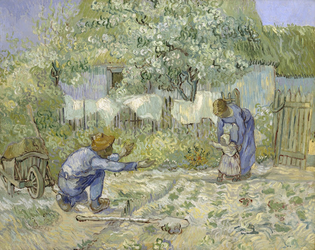 interpretação de van gogh para os primeiros passos, quadro com as pinceladas mais grossas e tom esverdeado