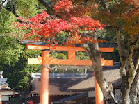 朱塗りの二ノ鳥居と紅葉。