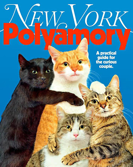 New York Magazine cover: four cats looking at the camera with paws on each other, under headline "Polyamory / A Guide for Curious Couples":