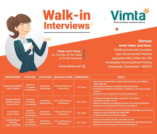Vimta Lab Walk in Interview For Bioanalytical/ Analytical Pharma/ Trace Pharma - 40 Vacancy