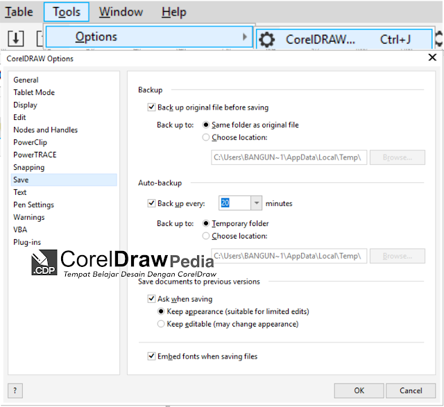 Tutorial Cara Simpan File dan Selamatin File di CorelDraw dengan Back Up Setting