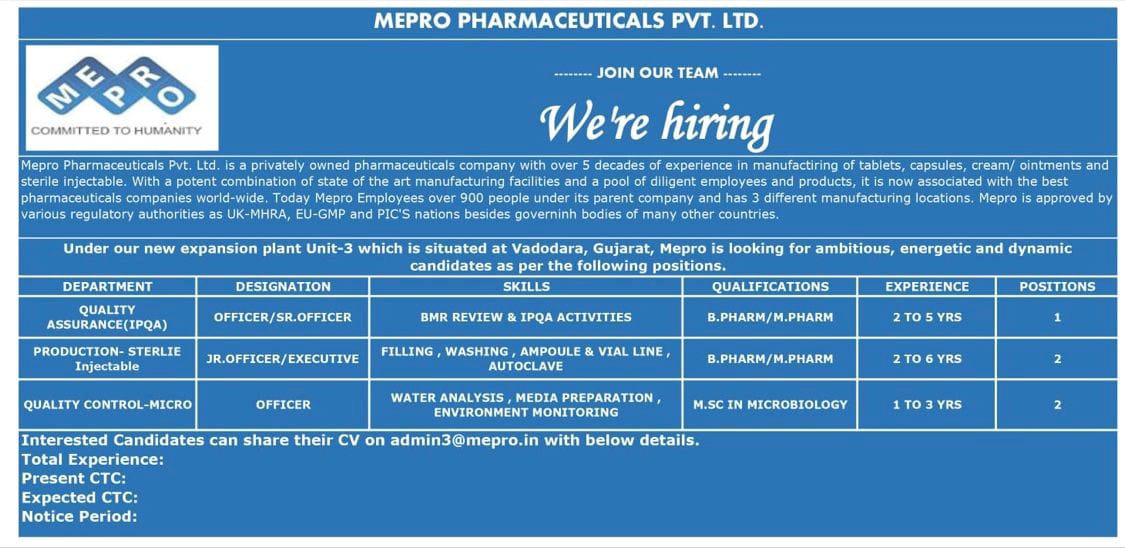 Job Available's for Mepro Pharmaceuticals Pvt Ltd Job Vacancy for B Pharm/ M Pharm/ MSc Microbiology